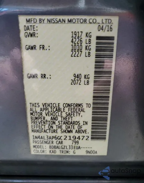 2016 Nissan Altima 2.5 from USA, damaged, VIN 1N4AL3AP6GC219472